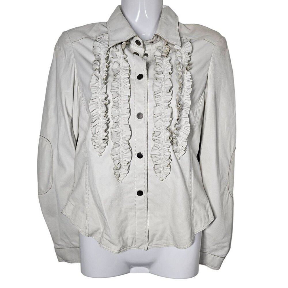 Vintage Italian White Leather Button-Up Jacket with Ruffles by Artico Womens XS‎